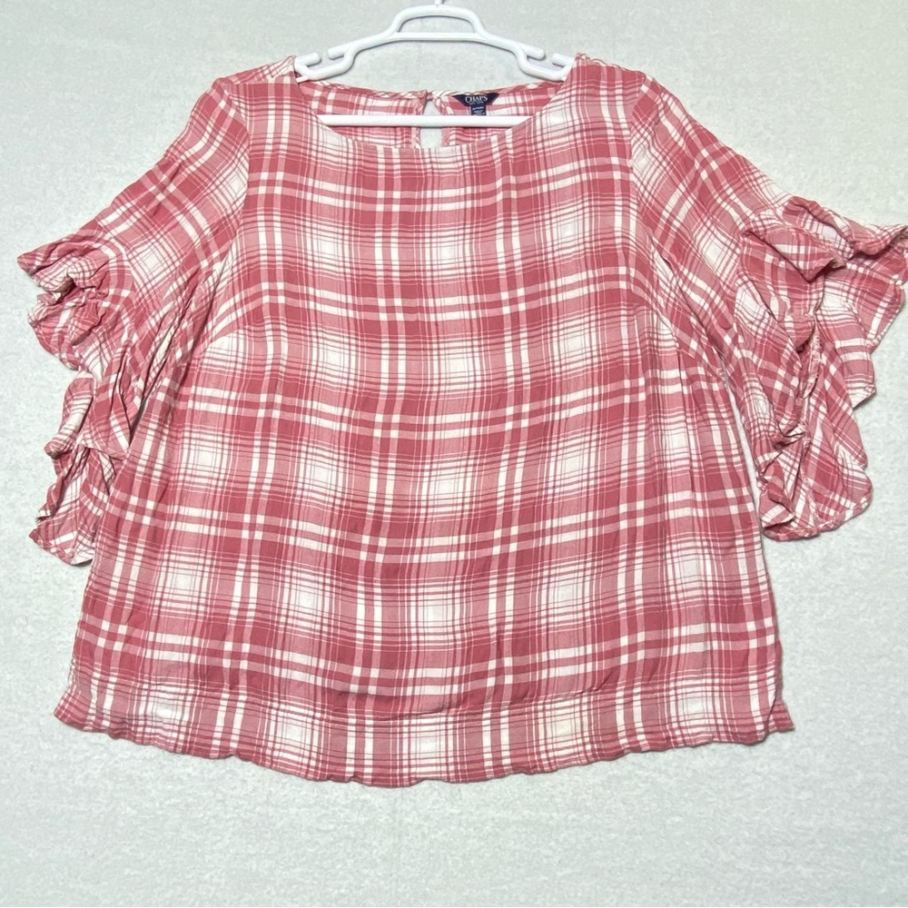 Chaps Pink Plaid Blouse Women's 1X Round Neck 3/4 Bell Ruffle Sleeve Pullover
